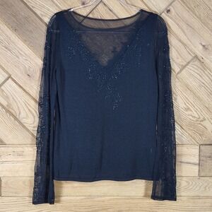 Dana Buchman Beaded Mesh Top Womens L Sheer Long Sleeve Knit Black